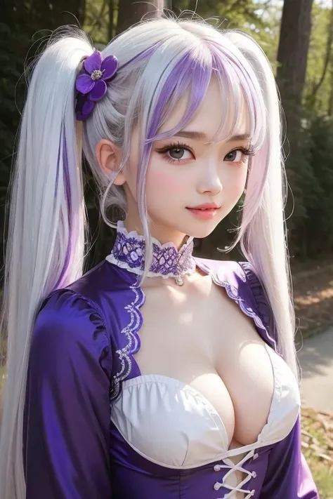 ((Best Quality)), ((masutepiece))、1girl in、Colossal tits、Emphasize the valley、pigtails、long purple hair、White hair、wild hair、Sexy clothes、Luxurious costumes、Sparkling eyes、sixteen years old、Popular round face、Wet lips、Gorgeous hair ornaments、Perfect face、A...