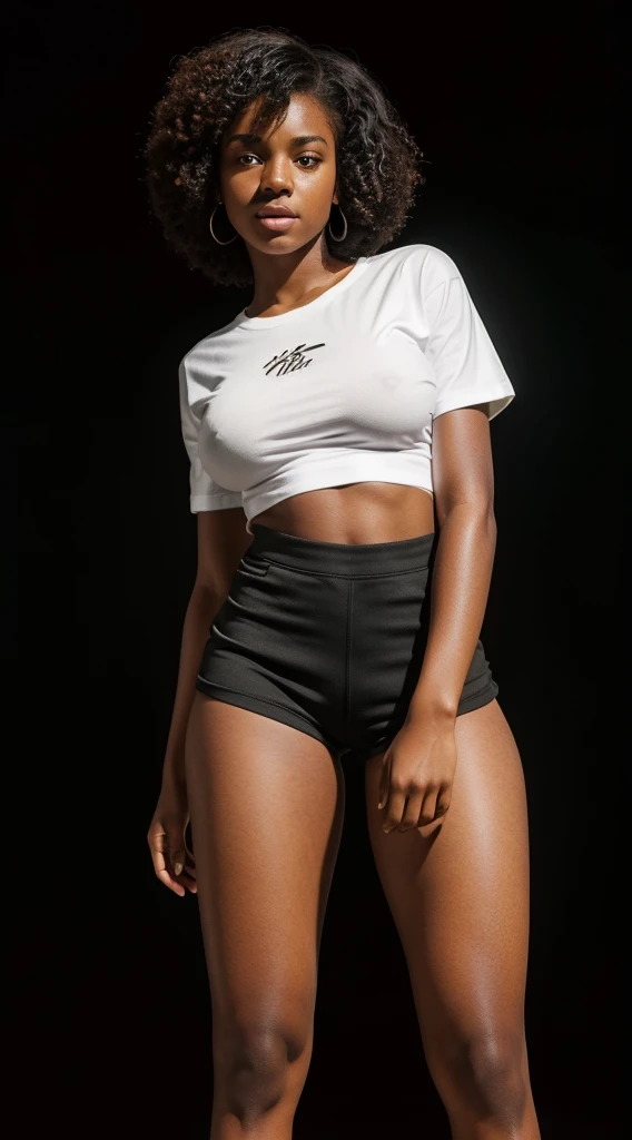 16-year-old black girl, with Maria João haircut, green eyes, large breasts, large butt, toned legs, perfect body, long t-shirt and tight shorts, pose with black background