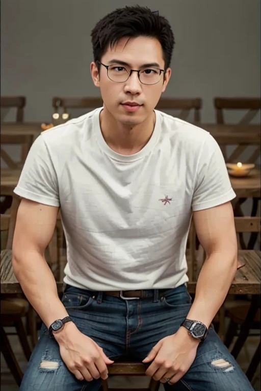 1male, masculine, 30 years old., (เครื่องแต่งกายStelleเป็นทางการ, Jeans, t-shirt,Random Colors),. (eyeglasses, black, Rebranding.), (Stelle, restaurant,), (environment, อาหารบนtable,table,chairs,people)., (manners, Seated, stand, speak...., eat,.),master-p...