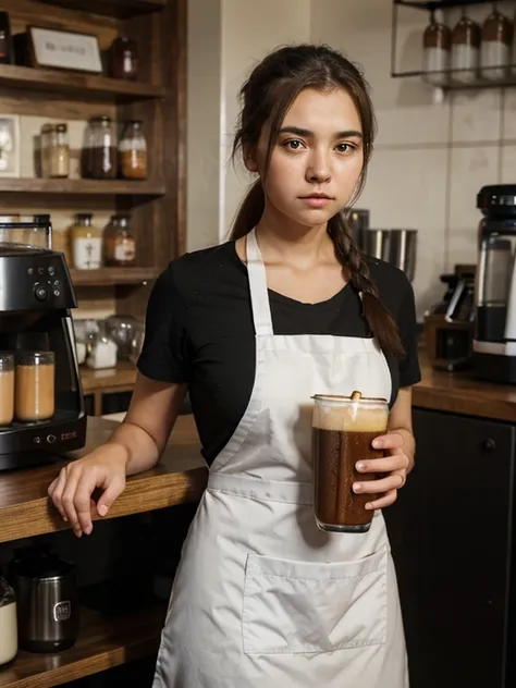 girl with sad look, wearing office shirt and a barista apron,beverage bottle rack background, ultra detail, hdr photography