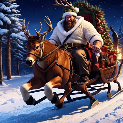 Christmas Background, dynamic colors, Cinematic lighting, ultra realisitic, deer pulling a sleigh, A large muscular man rides a sled(beardless, detailed, realisitic, detailed 얼굴)