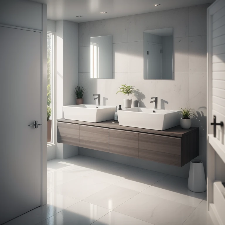 ((photo realistic))best quality,RAW photo, modern wash room, realistic rendering, lighting,
no humans, pure, clear, light gray walls, minimalist and low luxury, square mirror, hand soap and houseplants on the stand, light gray towels.