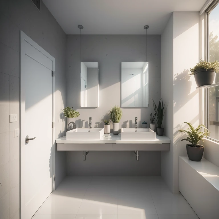 ((photo realistic))best quality,RAW photo, modern wash room, realistic rendering, lighting, no humans, pure, clear, light gray walls, minimalist and low luxury, square mirror, hand soap and houseplants on the stand, light gray towels, 50mm, f/2.8