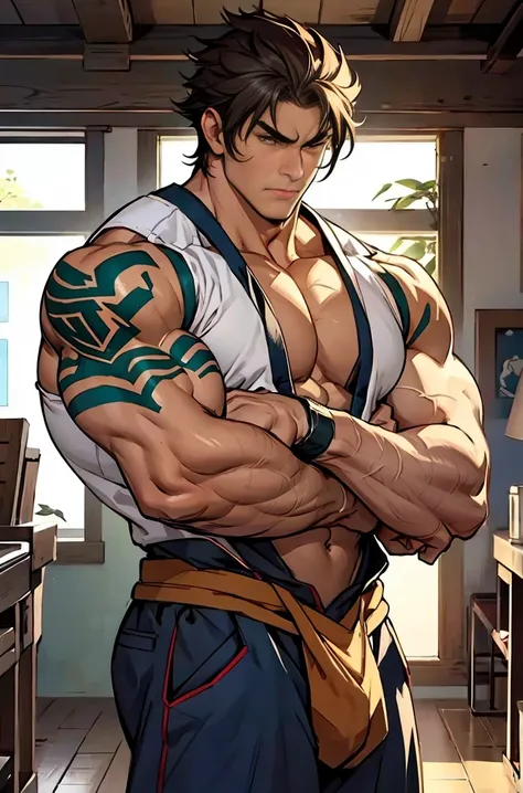 show off thick arms to the audience，Dark green tattoo on shoulder，musclebound and hulking, muscular characters, super buff and cool, tall and muscular, muscular!!, very buff, 2 muscular attractive men, massive muscles, big muscle, Muscular men, Two anime h...