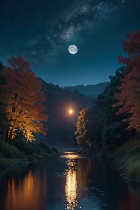 A painting of a river with stars and moon in the sky, concept art inspired by Tosa Mitsuoki, pixiv contest winner, best quality, fantasy art, beautiful anime scene, a bright moon, moonlit starry environment, dream painting, Anime Background Art, Fantasy La...