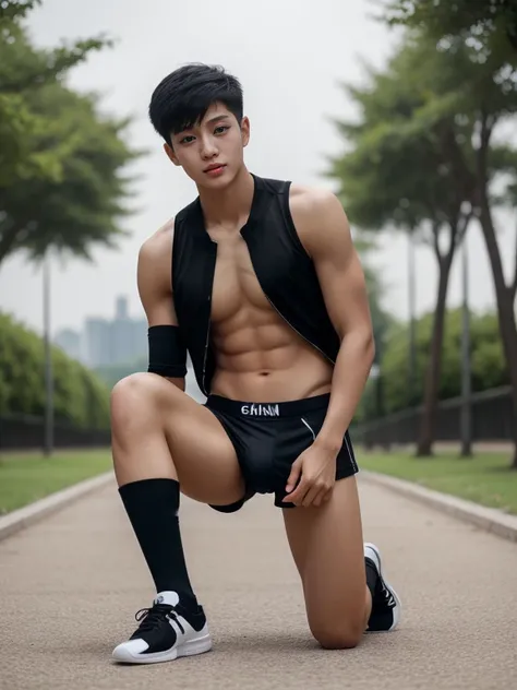 16 years old teenagers , very young , light-skin , wearing an dark black sexy underwear, tmasterpiece，k hd，the feet，Transparent sports vest，semi transparent，black long socks，The barefoot , black colour , handsome and cute , extreme cute boy , white skin , ...