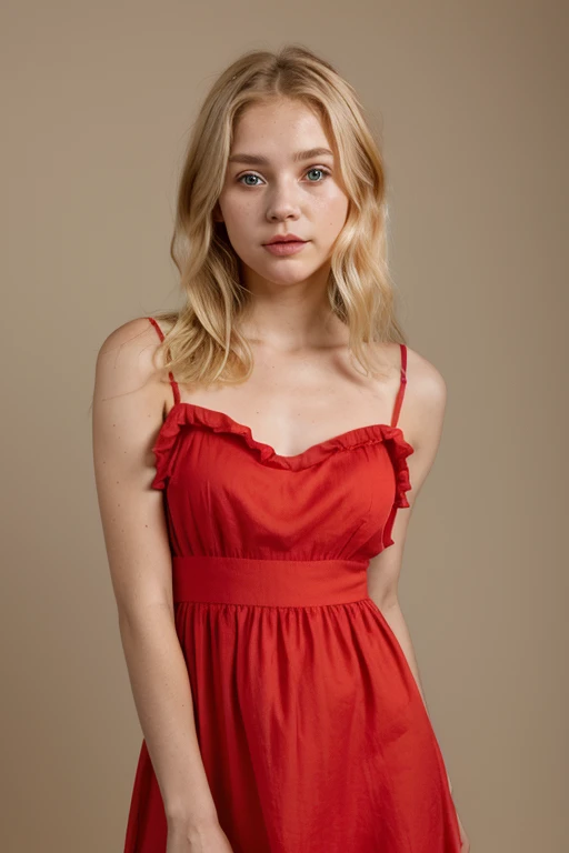 21 old,cute,blonde,young,natural colors,red dress,