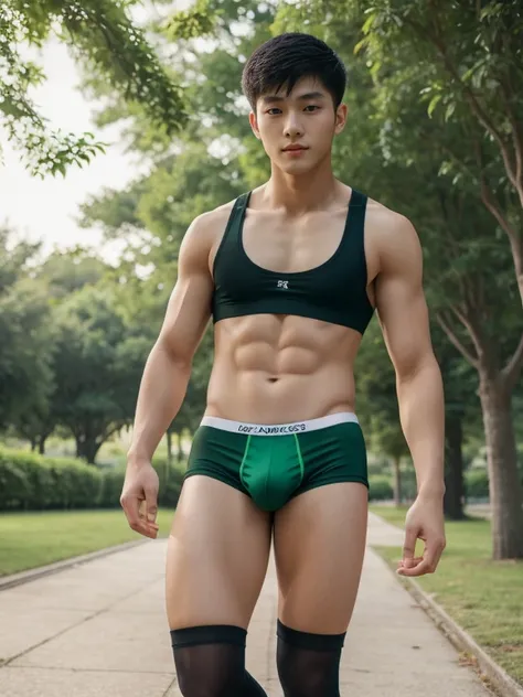 16 years old teenagers , very young , light-skin , wearing an dark green sexy underwear, tmasterpiece，k hd，the feet，Transparent sports vest，semi transparent，black long socks，The barefoot , green colour , handsome and cute , extreme cute boy , white skin , ...