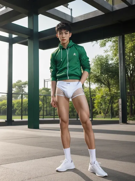 16 years old teenagers , very young , light-skin , wearing an dark green sexy underwear, tmasterpiece，k hd，the feet，Transparent sports vest，semi transparent，black long socks，The barefoot , green colour , handsome and cute , extreme cute boy , white skin , ...