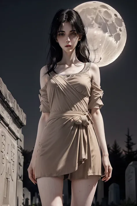 beautiful ephemeral Ghost , thin female, symmetric eyes,  (((wearing gray-beige greek clothes))), (((messy black hair, small bust, narrow waist, beautiful legs))), (((looking at viewer, pale cheek, pale skin))), (((against moon, in cemetery at night))), hi...