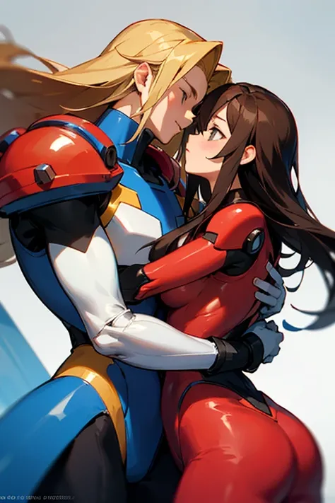 make the character zero from megaman x4 hugging iris from megaman x 4 couple hugging she is on the right of the image he is on the left of the image lovers kissing he has long hair she has shoulder-length hair the girl has the brown hair the boy has blonde...