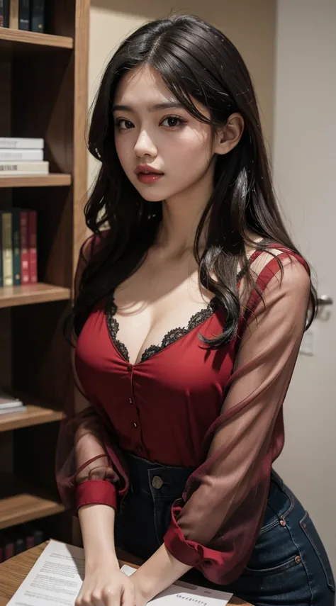 have medium breasts , red sheer shirt