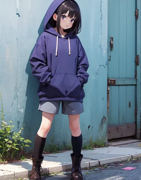 masutepiece, Best Quality, {Best Quality}, {{masutepiece}}, {hight resolution}, Illustration, 1girl in, Inoue Takina, bob cuts， Bangs, Black hair, (Purple eyes:1.2), blush, Blue hoodie，shortpants，Im wearing a hood，I have my hands in my pockets，White knee-h...