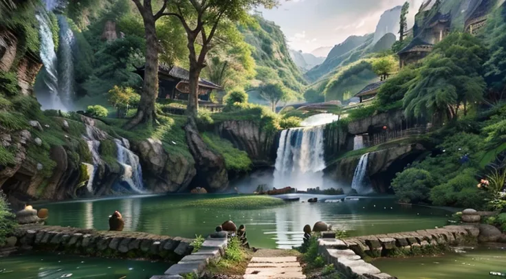 Chinese ancient times, spring, jungle, lake, cave, waterfall, tree, meadow, rock, deer, hot spring, water vapor, (illustration: 1.0), epic composition, realistic lighting, HD details, masterpiece, best quality, (very detailed CG unified 8k wallpaper)