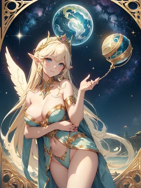 top-quality、Top image quality、​masterpiece、Super beautiful elf beauty((24 year old、Angel big wings、giant archangel wings、Best Bust、big bast、Bust 90,beautiful long ironed hair、a blond、globe、A sexy、A slender、a closeup、Esbian、beautiful tiara、hiquality、Beautif...