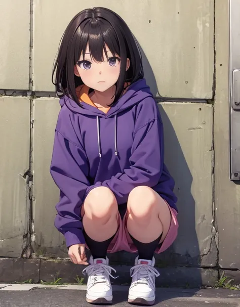 masutepiece, Best Quality, {Best Quality}, {{masutepiece}}, {hight resolution}, Illustration, 1girl in, Inoue Takina, bob katan, Black hair, (Purple eyes:1.2), blush, Blue Hoodie，shortpants，Wearing a hood，I have my hands in my pockets，White knee-high socks...