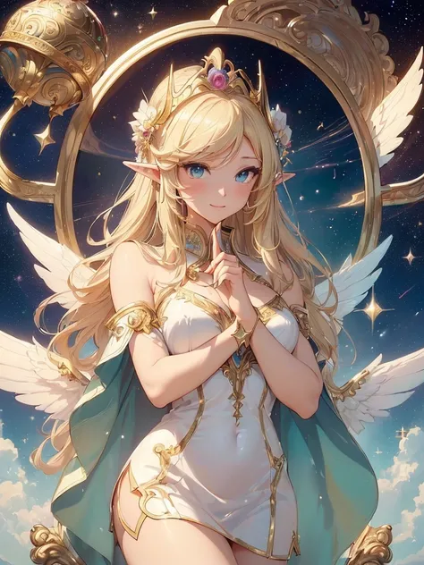 top-quality、Top image quality、​masterpiece、Super beautiful elf beauty((24 year old、Angel big wings、giant archangel wings、Best Bust、big bast、Bust 90,beautiful long ironed hair、a blond、globe、、A slender、a closeup、Esbian、beautiful tiara、hiquality、Beautiful Art...