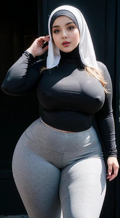 sexy and beautiful chubby woman wearing a hijab, full breasts, wearing a shirt, wearing tight pants leggings, ultra detailed, realistic quality