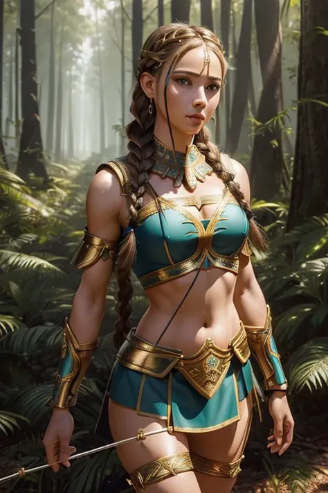 beautiful barbaric amazon, slender female archer, symmetric eyes, (((wearing greek armor))), (((braided hair, small bust, narrow waist, beautiful legs))), (((looking at viewer))), (((in forest))), highly detailed