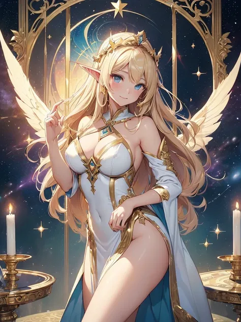 top-quality、Top image quality、​masterpiece、Super beautiful elf beauty((22year old、Angel big wings、giant archangel wings、Best Bust、big bast、Bust 90,beautiful long ironed hair、a blond、globe、、A slender、a closeup、Esbian、beautiful tiara、hiquality、Beautiful Art、...