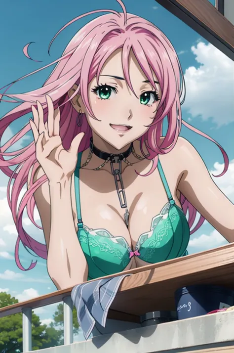 outer_moka,1girl, solo, waving at camera, smiling, high school dxd anime style, green eyes, sexy, lingerie, pink hair