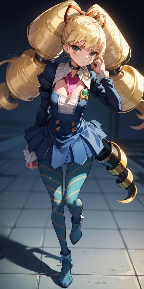 masterpiece,best quality,1girl,mmplatz,twintails,twin drills,dress,blue pantyhose,striped pantyhose, Female, standing, straight, looking at viewer, handcuffs on their hands, with a collar around the neck, slave, ((black choker, shackles on legs and arms))