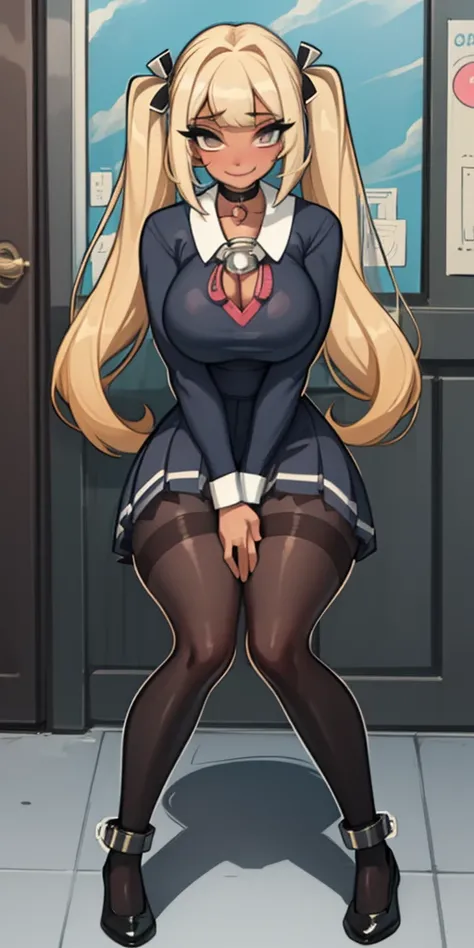 blonde, darkskin, gyaru, sly smile, huge breasts, school clothes, school uniform, bangs over eyes, masterpiece,best quality,1girl,mmplatz,twintails,twin drills,dress,blue pantyhose,striped pantyhose, Female, standing, straight, looking at viewer, handcuffs...