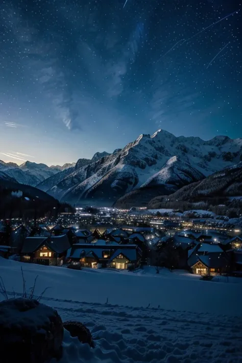 Dark blue Christmas night sky, diamond stars, three-dimensional clouds, in the snowy valley, Van Gogh style, there is a hotel under the mountain