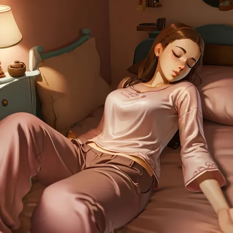 (bedroom),(best quality,realistic),sleeping girl,22 years old,brown hair,long pants,pink pajamas