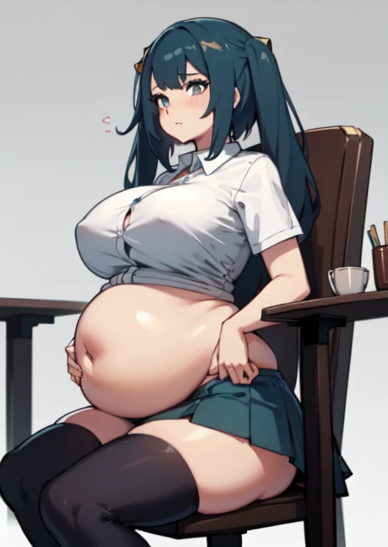 (masterpiece, best quality), 1girls, big belly, blurry background, huge belly, art by kipteitei, round belly, chubby, curvy, white button-up shirt, skirt, thighhighs, simple_background, gradient_background, belly bursting out of shirt, belly grab, enormous...