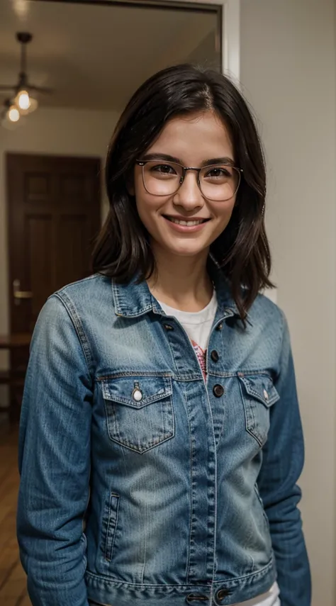 arafed woman with glasses and a denim jacket smiling at the camera, wearing  round glasses, infp young woman, cute slightly nerdy smile, petite, diminutive, entire body visible, full body, hyperrealistic, real human skin, best quality, 8K, masterpiece, ext...