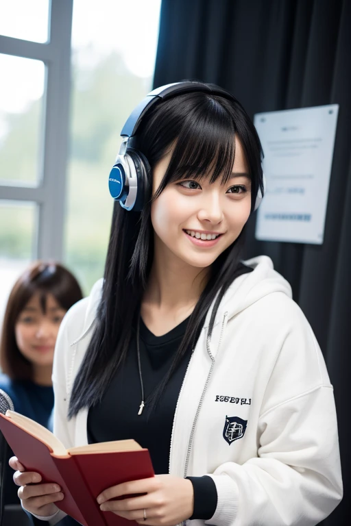 8k,beautiful,Grin,19 years old, Bob with bangs, Black hair, Medium Hair, Room, Hoodie, Japanese, Voice actor, headphone, speak at a microphone, real, photo real, realistic Japanese cute, 8k, RAW photo, best quality, masterpiece, realistic, photo-realistic,...