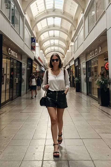 Moyra caminando en un centro comercial, de espaldas y solo voltea a ver la camara detrras de ella