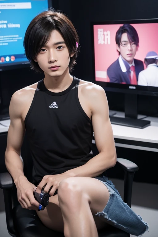 Best quality at best: 1.0), (超高分辨率: 1.0), Anime boys, with short black hair, eBlue eyes, sitting in front of the computer playing games, Esports room background,