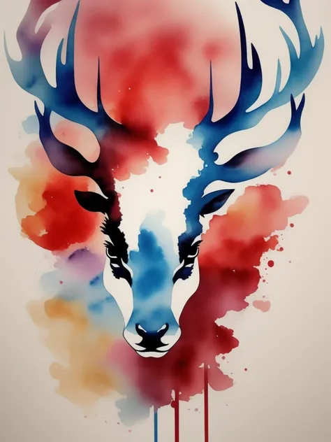 high quality, logo style, Watercolor, powerful colorful deer face logo facing forward, red coquelicot, four petals, monochrome background, by yukisakura, awesome full color,