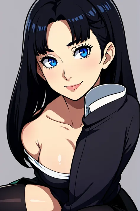 masterpiece, best quality, long black hair, blue eyes, hair covering eyes, portrait, smile, female, black gekkoukan high school ...