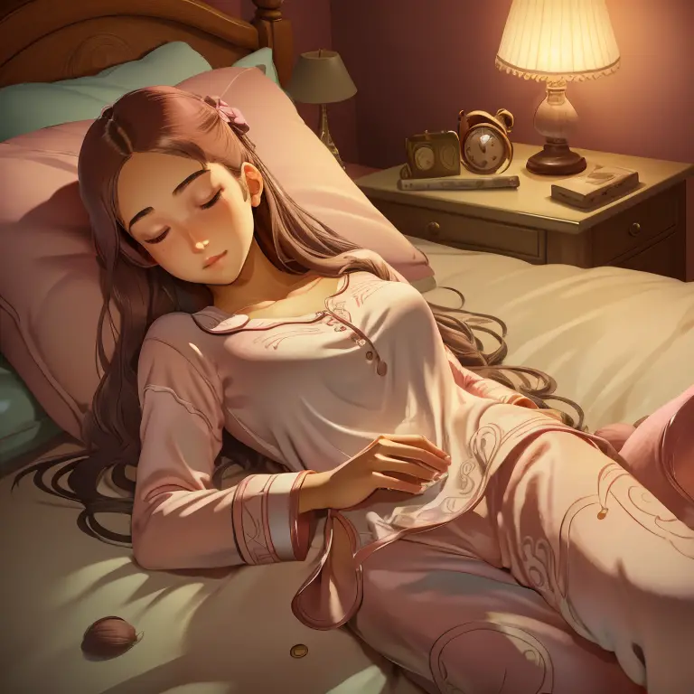 (realistic, best quality) a peaceful bedroom scene with a sleeping girl in her late twenties. her long brown hair cascades over ...