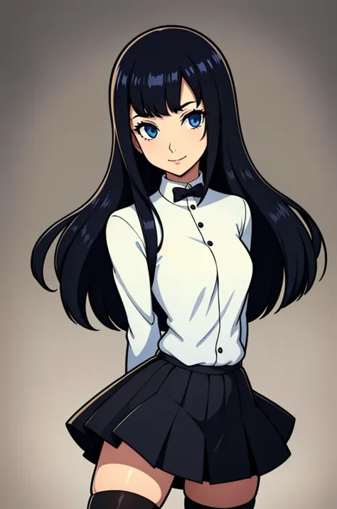 masterpiece, best quality, long black hair, blue eyes, hair covering eyes, portrait, smile, female, black gekkoukan high school ...