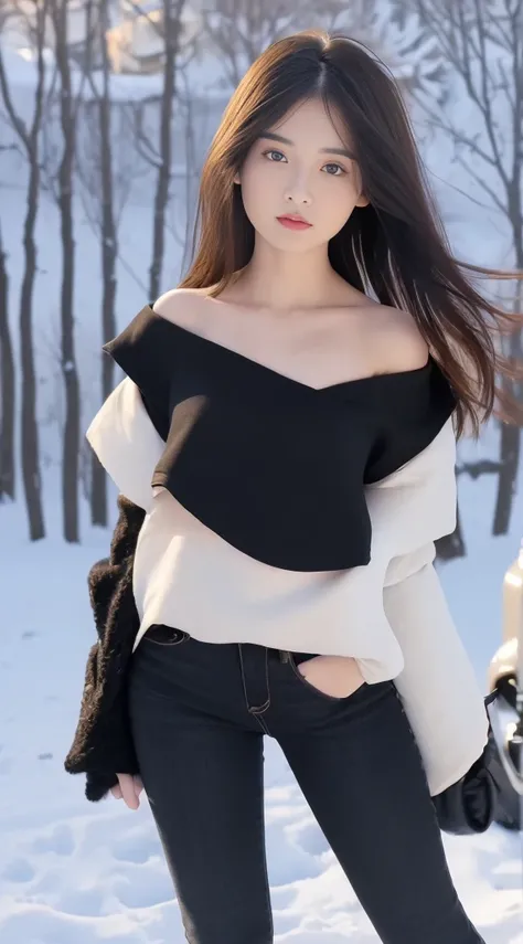 ((Best Quality, 8k, Masterpiece: 1.3)), Focus: 1.2, Perfect Body Beauty: 1.4, Buttocks: 1.2, ((Layered Haircut, Flat Chest: 1.2)), black bandeau, light black skinny jeans, Highly detailed face and skin texture, Delicate eyes, Snow-white skin, Long hair, Fu...