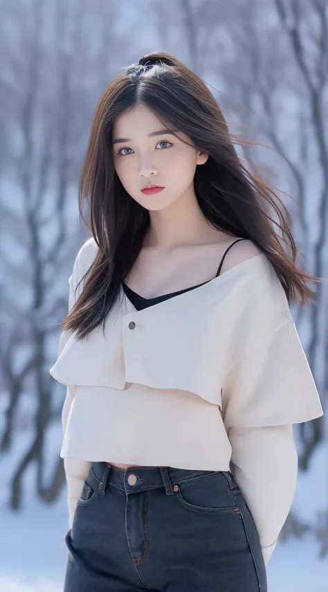 ((Best Quality, 8k, Masterpiece: 1.3)), Focus: 1.2, Perfect Body Beauty: 1.4, Buttocks: 1.2, ((Layered Haircut, Flat Chest: 1.2)), black bandeau, light black skinny jeans, Highly detailed face and skin texture, Delicate eyes, Snow-white skin, Long hair, Fu...