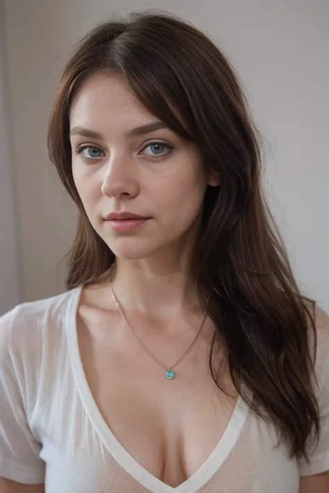 (Please generate an image of a young woman wearing a shirt and necklace. She has brown hair, bigger, eBlue eyes, and a subtle, natural makeup. The photo should show that she has no obvious makeup, She should look directly into the camera. The face should l...