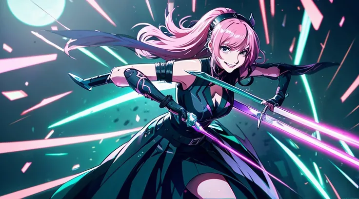 The upper part of the body、Anime style、Cyberpunk style、There is a sense of dynamism in the movement、wearing a long black dress、One beautiful woman with bright pink hair and a smile、holding two swords in hand、Dark interior with blue-green tones、pc wallpaper