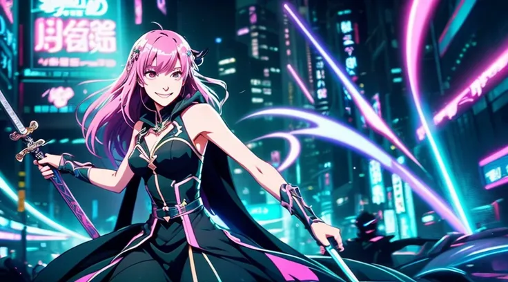 The upper part of the body、Anime style、Cyberpunk style、There is a sense of dynamism in the movement、wearing a long black dress、One beautiful woman with bright pink hair and a smile、holding two swords in hand、Dark interior with blue-green tones、pc wallpaper