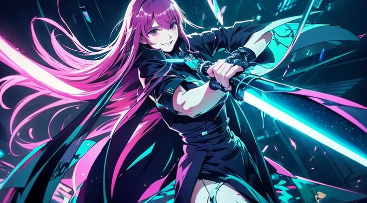 The upper part of the body、Anime style、Cyberpunk style、There is a sense of dynamism in the movement、wearing a long black dress、One beautiful woman with bright pink hair and a smile、holding two swords in hand、Dark interior with blue-green tones、pc wallpaper