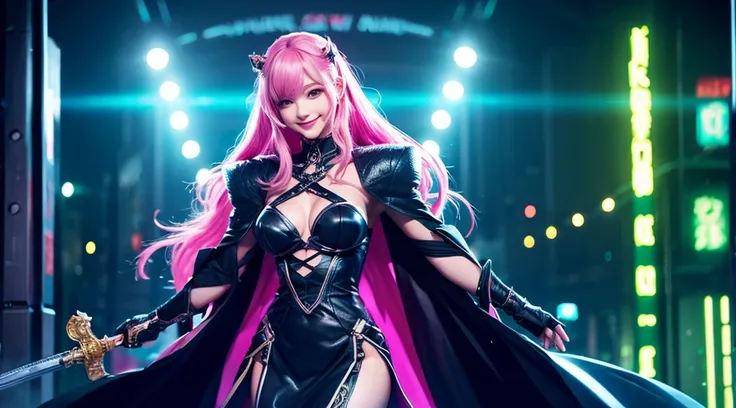 The upper part of the body、Cyberpunk style、There is a sense of dynamism in the movement、wearing a long black dress、One beautiful woman with bright pink hair and a smile、holding two swords in hand、Dark interior with blue-green tones、pc wallpaper