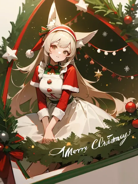 (Christmas card: 1.3), masterpiece, Best Quality, (Best Quality), Best Shadow, maid girl with fox ears, christmas tree, moody lighting, (Highest Quality, Amazing details: 1.25), (Solo)