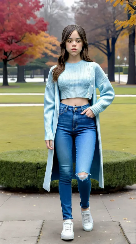 Masterpiece, stunning realistic, photorealistic, best quality, 16k,jenna ortega,sexy body,knitted sweater,overcoat,skinny jeans,standing in a park