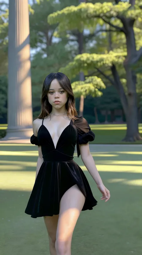 Masterpiece, stunning realistic, photorealistic, best quality, 16k,jenna ortega,sexy body,sexy black dress,standing in a park