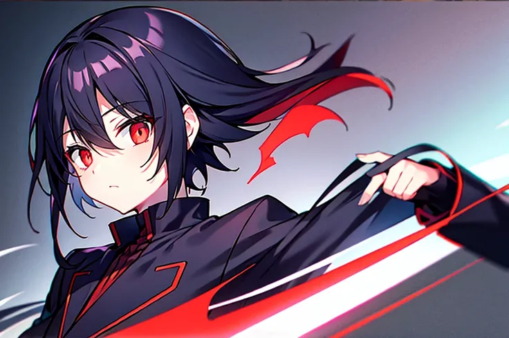 ((One Person)),Anime boy with black hair and red eyes staring at camera, Glowing red eyes,slim, dressed in a black outfit,monochromes,hair messy,deadpan、Diagonal angle,