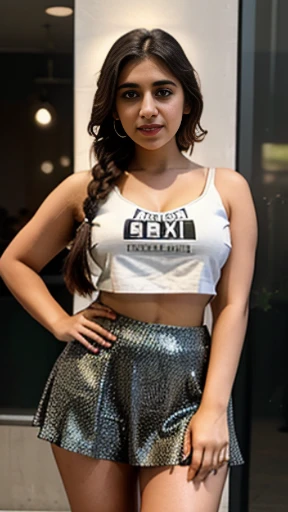 Pakistani girl Huma 20years old semi-curvy body, 36c size breast, perfect symmetry face, French braid, hair over shoulder, seductive smile, wearing croptop, mini-skirt, cinematic lighting, bust chart, f/16, Sony FE, 35mm, f/1.2, UHD